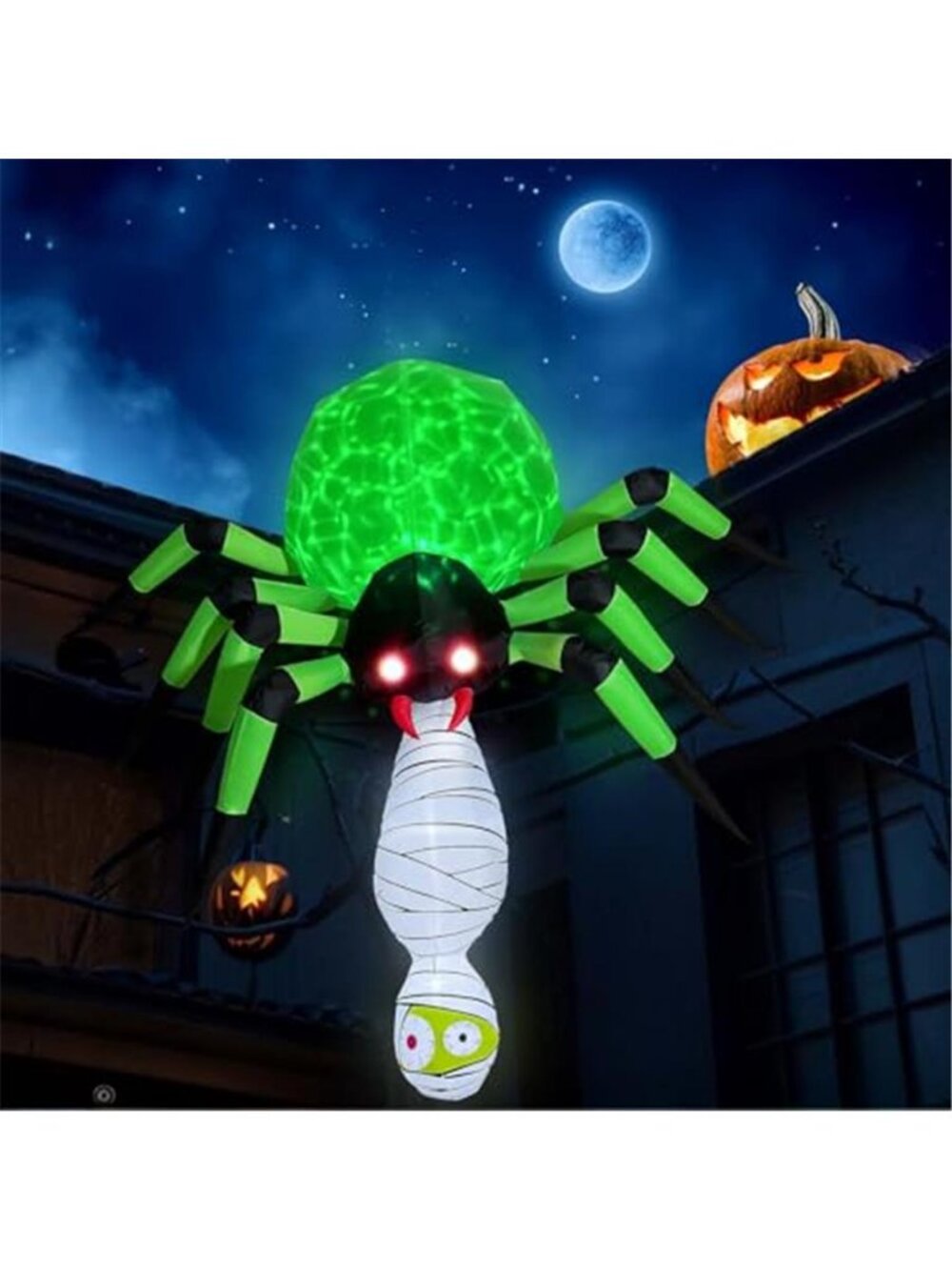 OurWarm 7FT Halloween Inflatables Spider with Hanging Mummy and Green LEDs